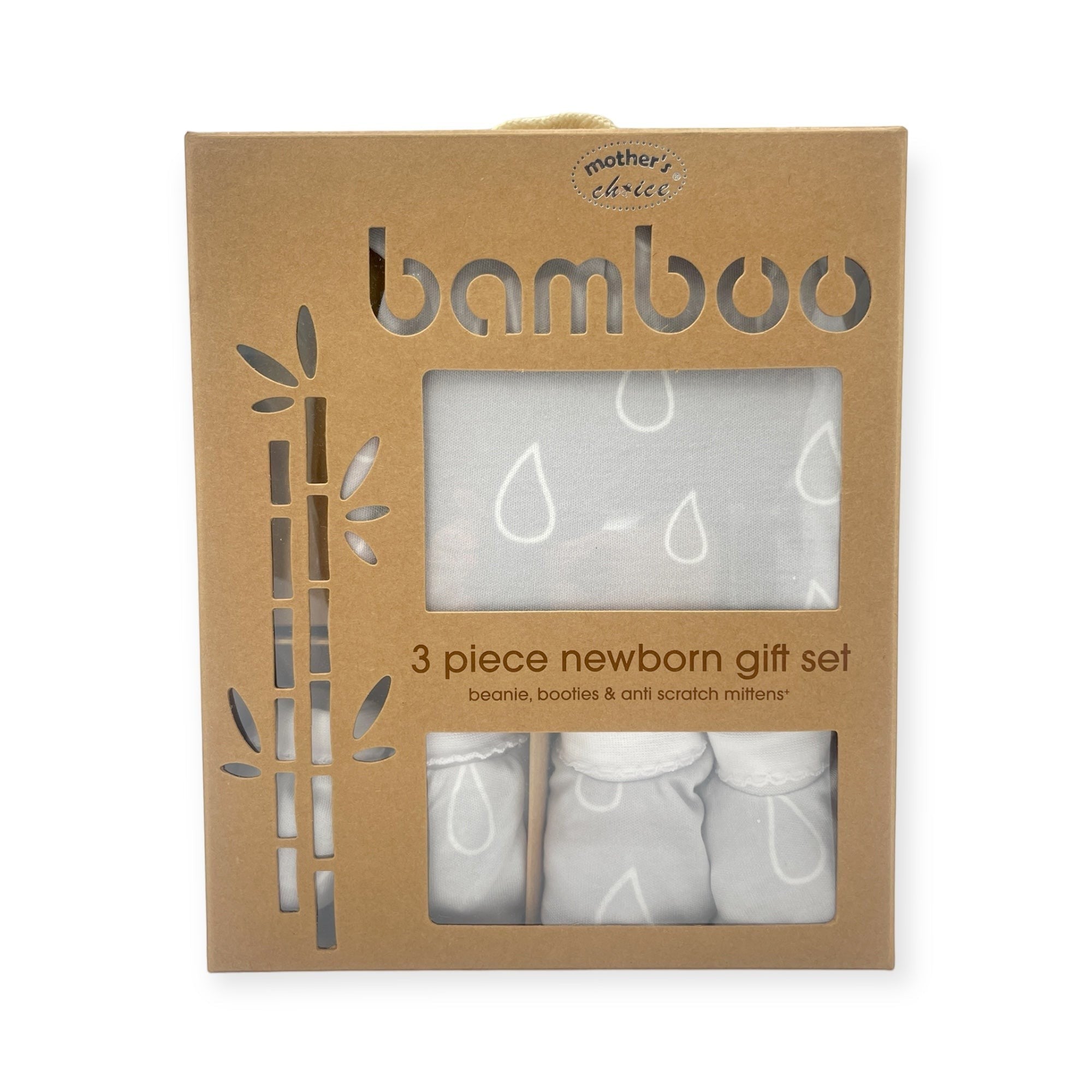 Bamboo 3-piece newborn gift set packaging with 'mother's choice' branding.