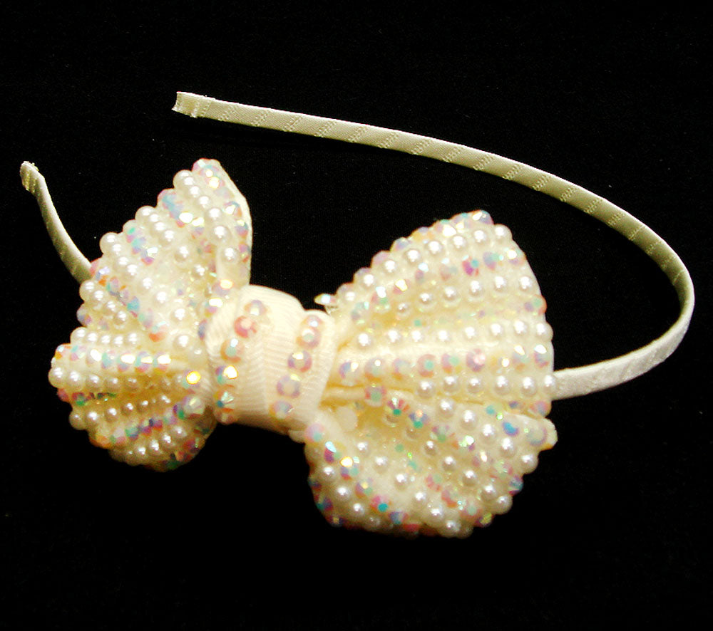 Mothers Choice Girls Alice Bands Cream Ribbon Bow With Pearls And Diamantes