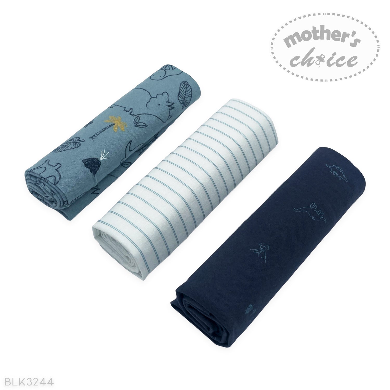 Three rolled-up towels in blue, white, and navy with 'Mother's Choice' branding on a white background.