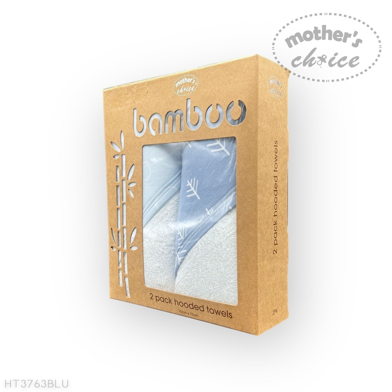 Packaged bamboo hooded towels with 'Mother's Choice' branding on a white background