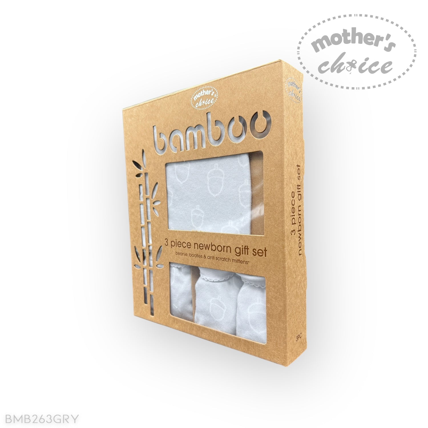 Bamboo 3-piece newborn gift set packaging with 'Mother's Choice' branding on a white background.
