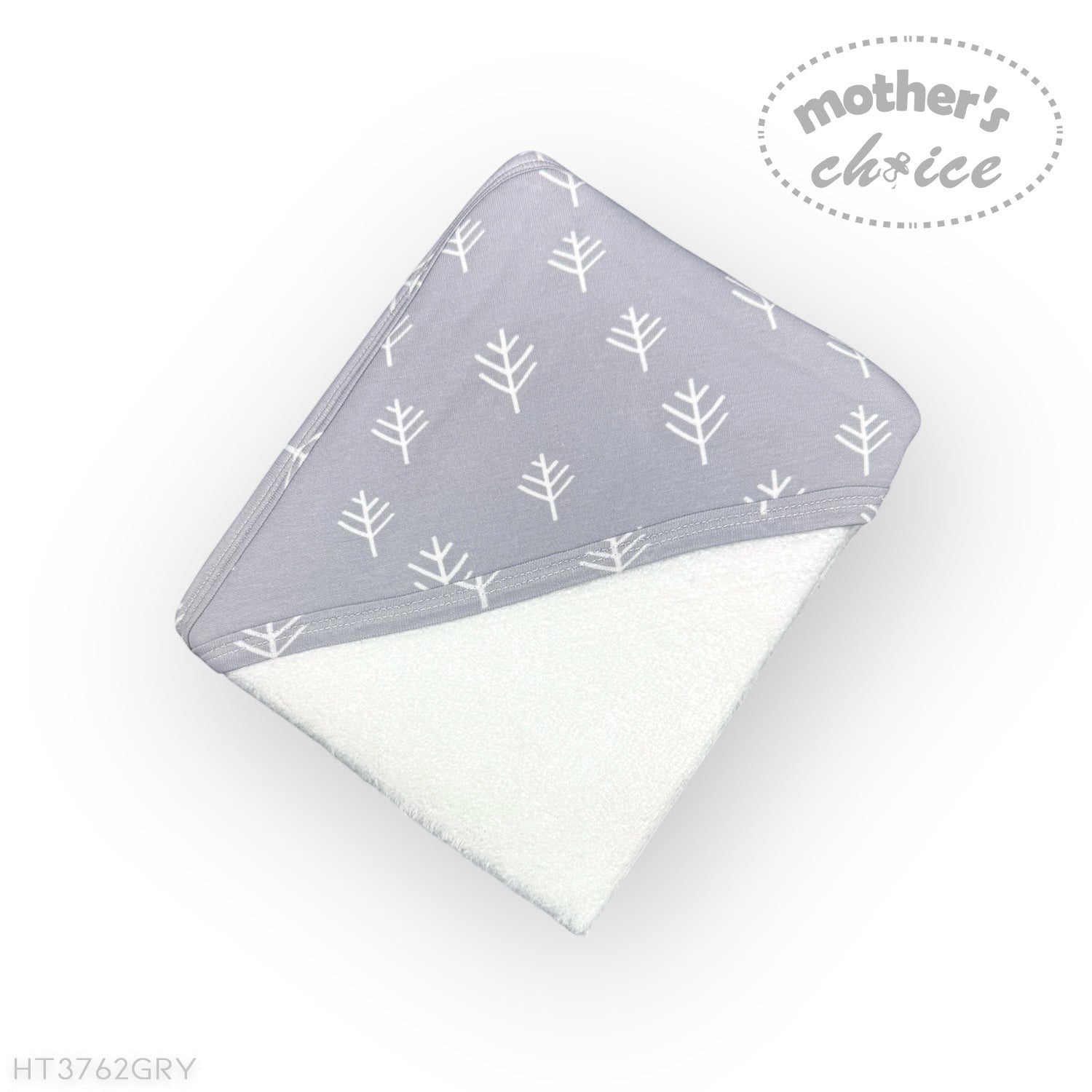 Gray baby blanket with white tree pattern on a white background, branded 'Mother's Choice'.