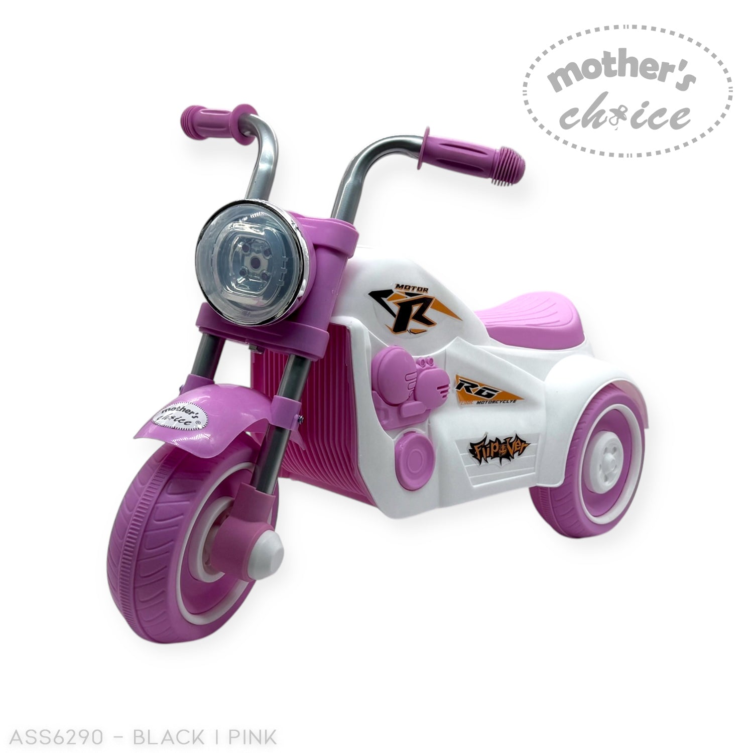 Black and pink toy tricycles with 'Mother's Choice' label on a white background