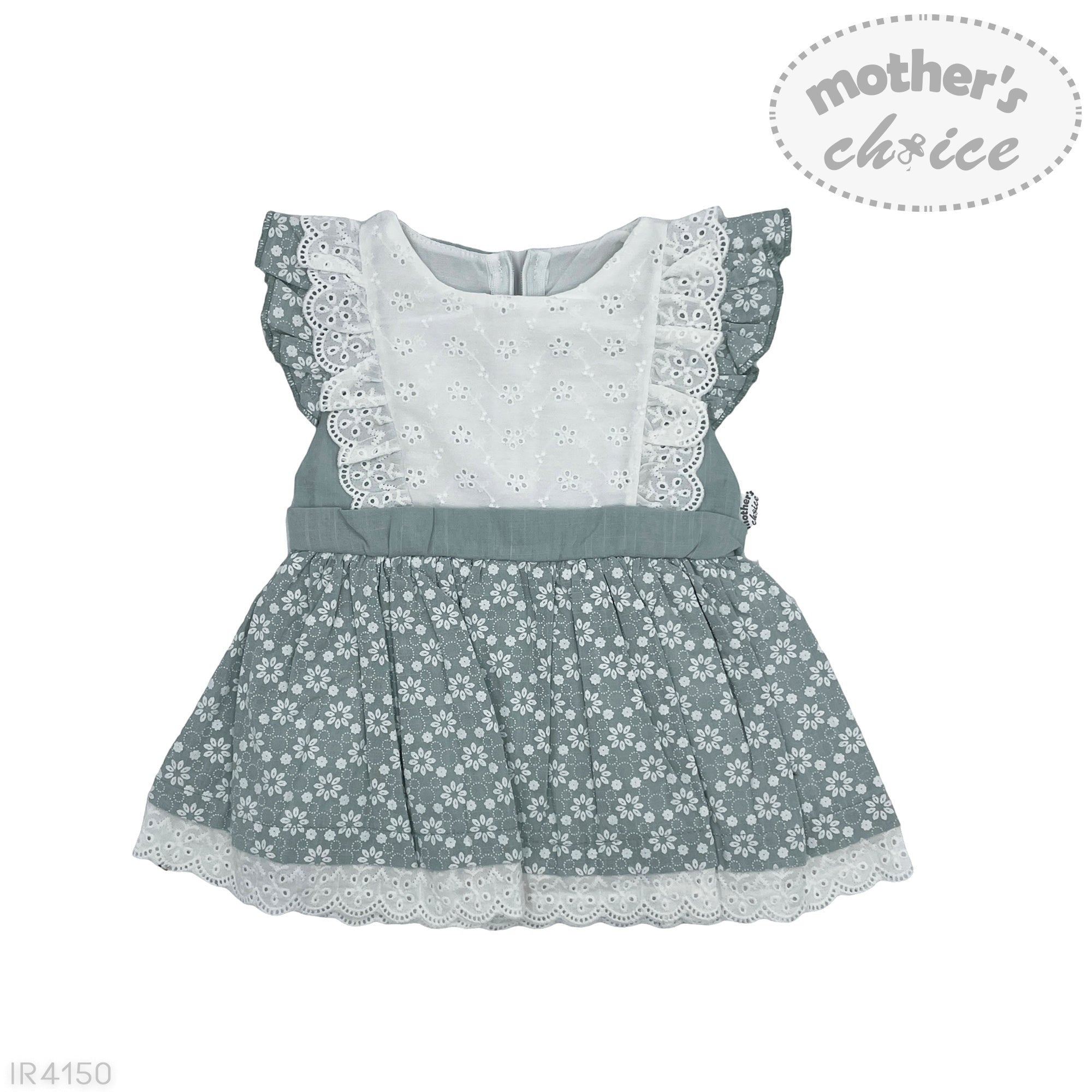 Children's dress with floral pattern and lace details on a white background, branded 'Mother's Choice'.