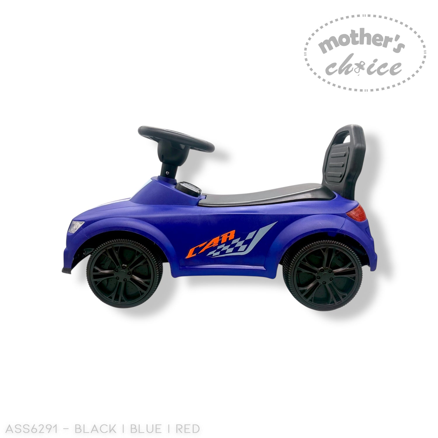 Blue toy car with checkered pattern on a white background