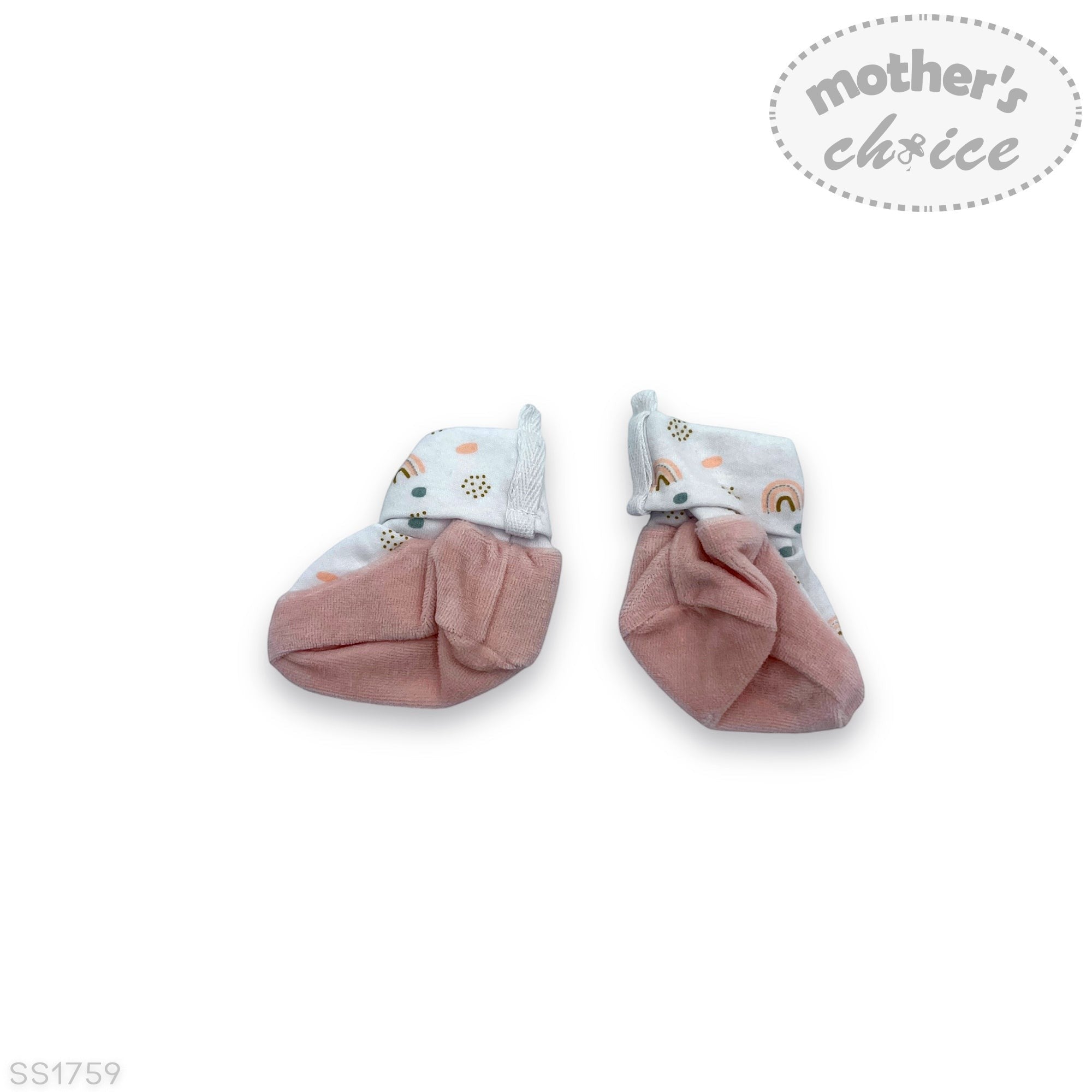 Pair of baby socks with pink cuffs on a white background, branded 'Mother's Choice'.