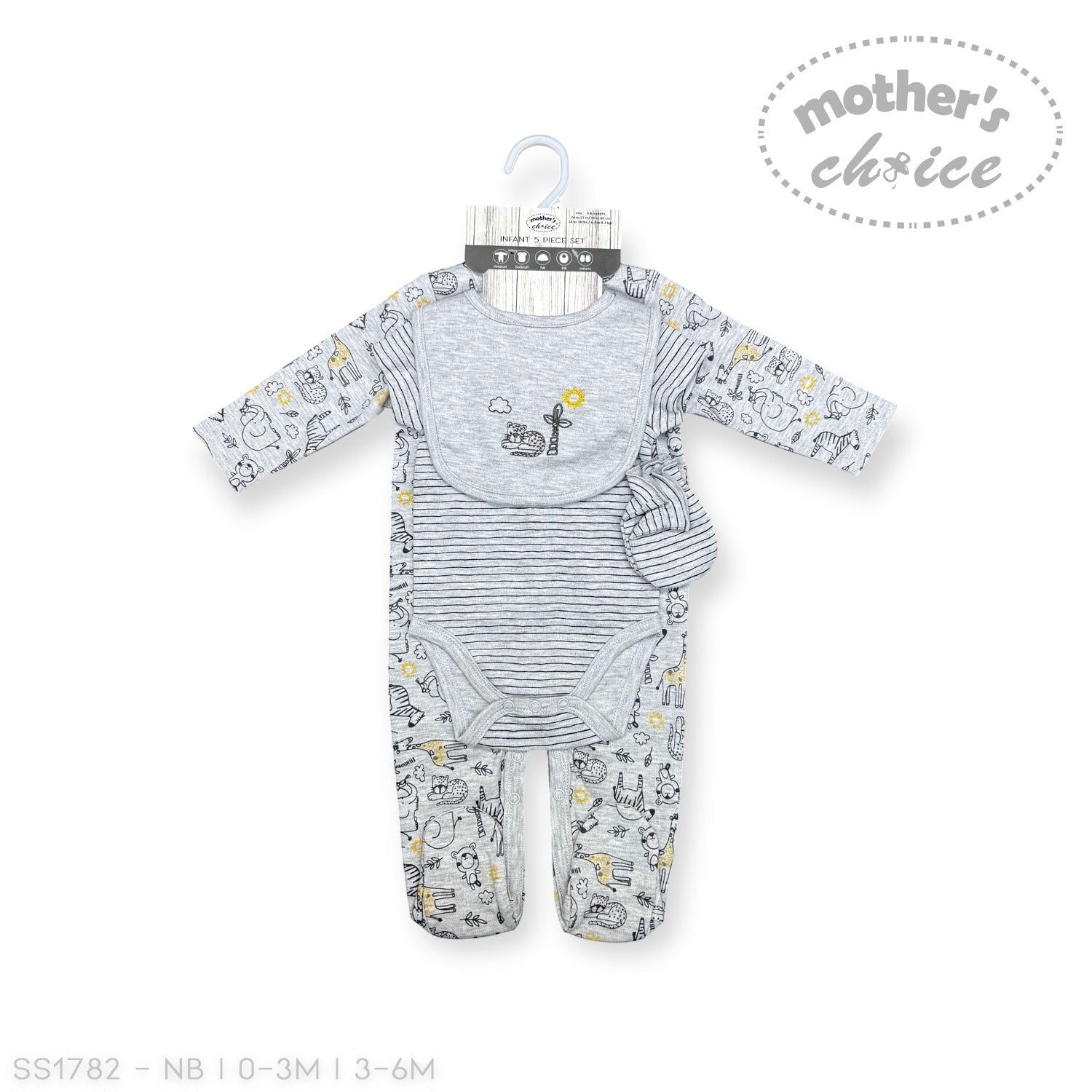 Baby onesie with cartoon design on a hanger against a white background, branded 'Mother's Choice'.