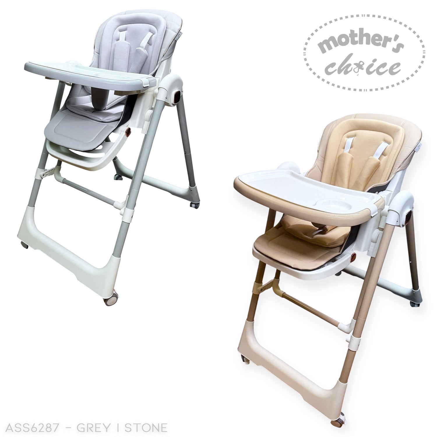 Two high chairs, one grey and one beige, on a white background with 'Mother's Choice' branding.