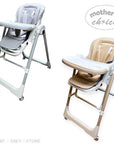 Two high chairs, one grey and one beige, on a white background with 'Mother's Choice' branding.