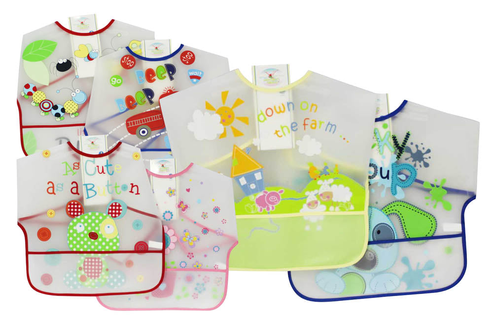 Set of colorful baby bibs with various designs on a white background