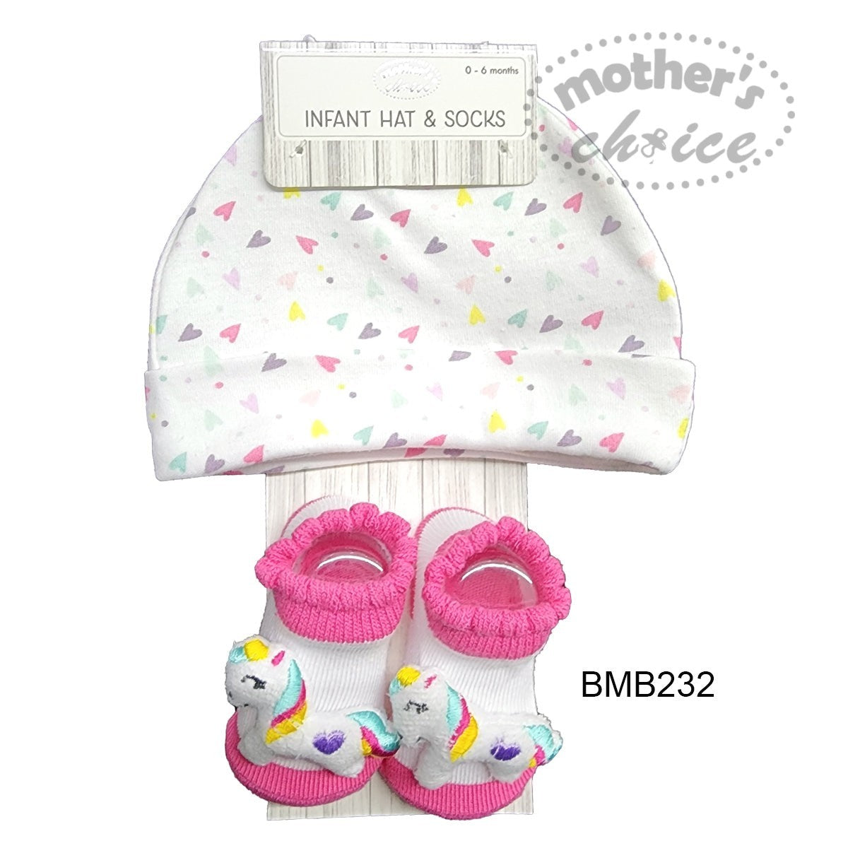Baby hat and socks set with unicorn design on a white background, featuring 'Mother's Choice' branding.