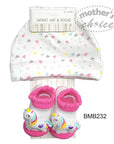 Baby hat and socks set with unicorn design on a white background, featuring 'Mother's Choice' branding.