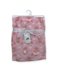 Pink baby blanket with teddy bear pattern on a white background