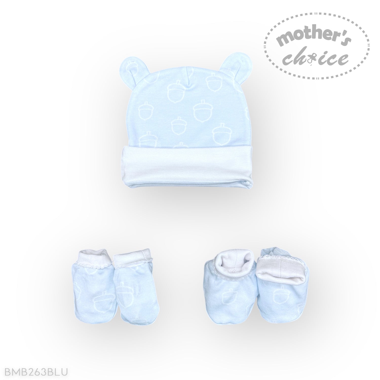 Baby hat, booties, and blanket set with 'Mother's Choice' branding on a white background.