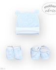 Baby hat, booties, and blanket set with 'Mother's Choice' branding on a white background.
