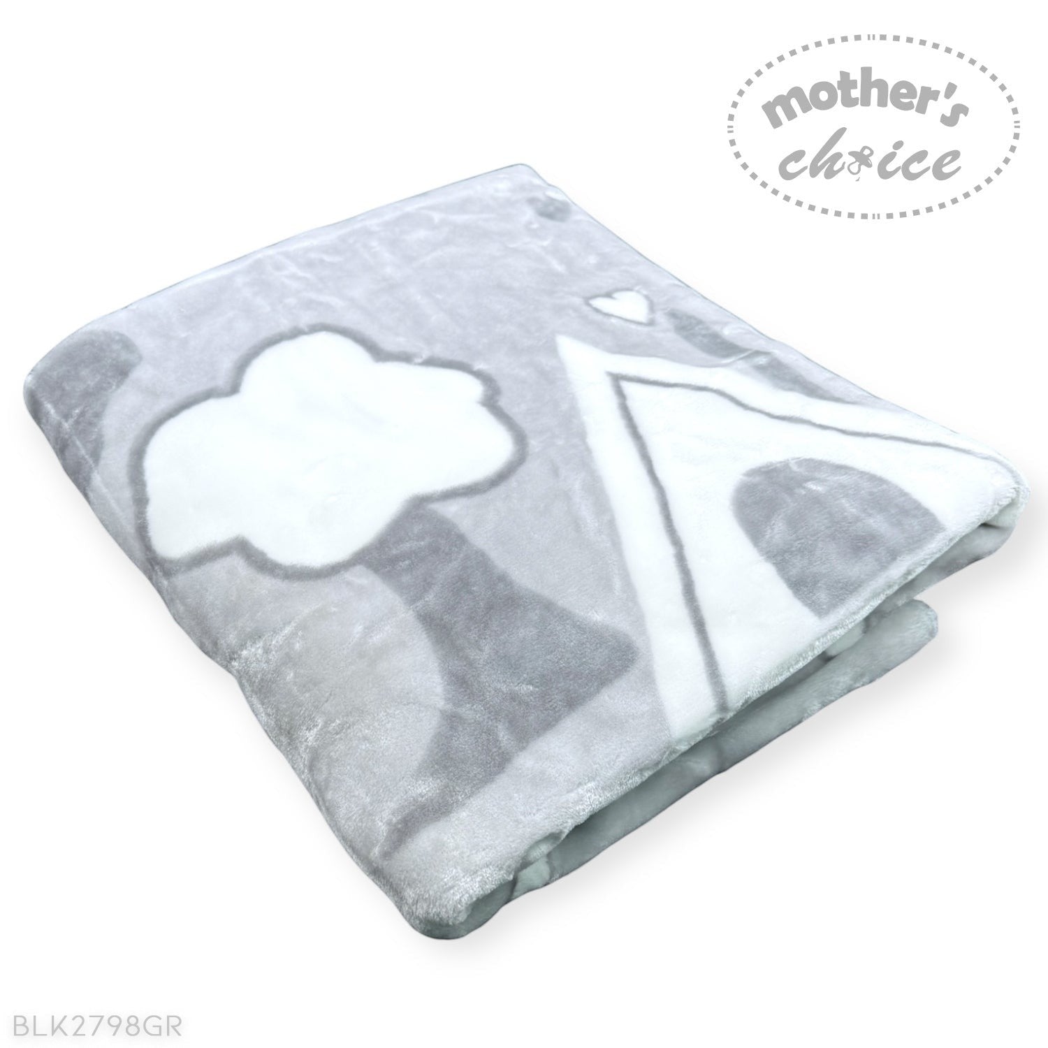 Gray baby blanket with heart and star designs on a white background, branded 'Mother's Choice'.