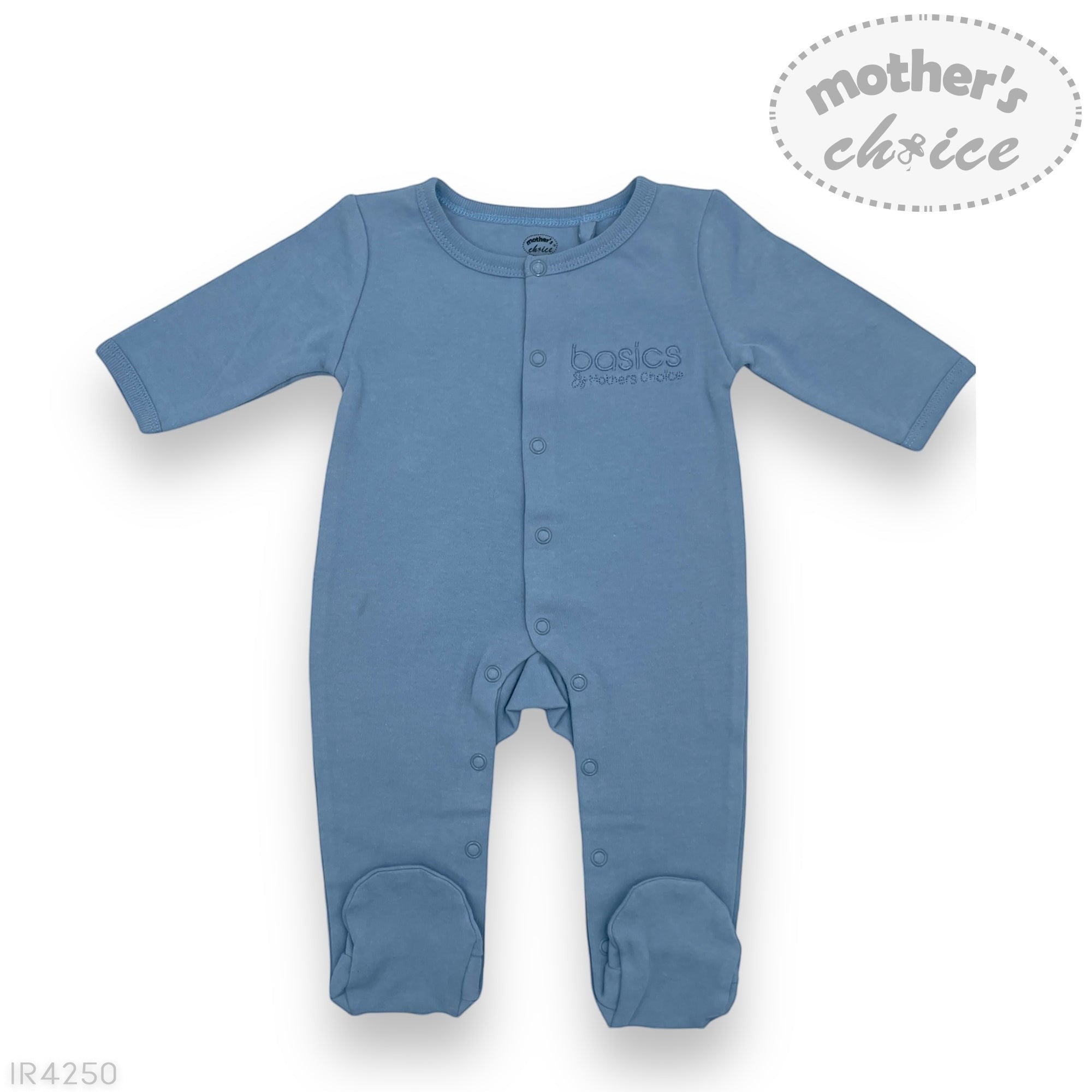 Blue baby onesie with 'mother's choice' branding on a white background