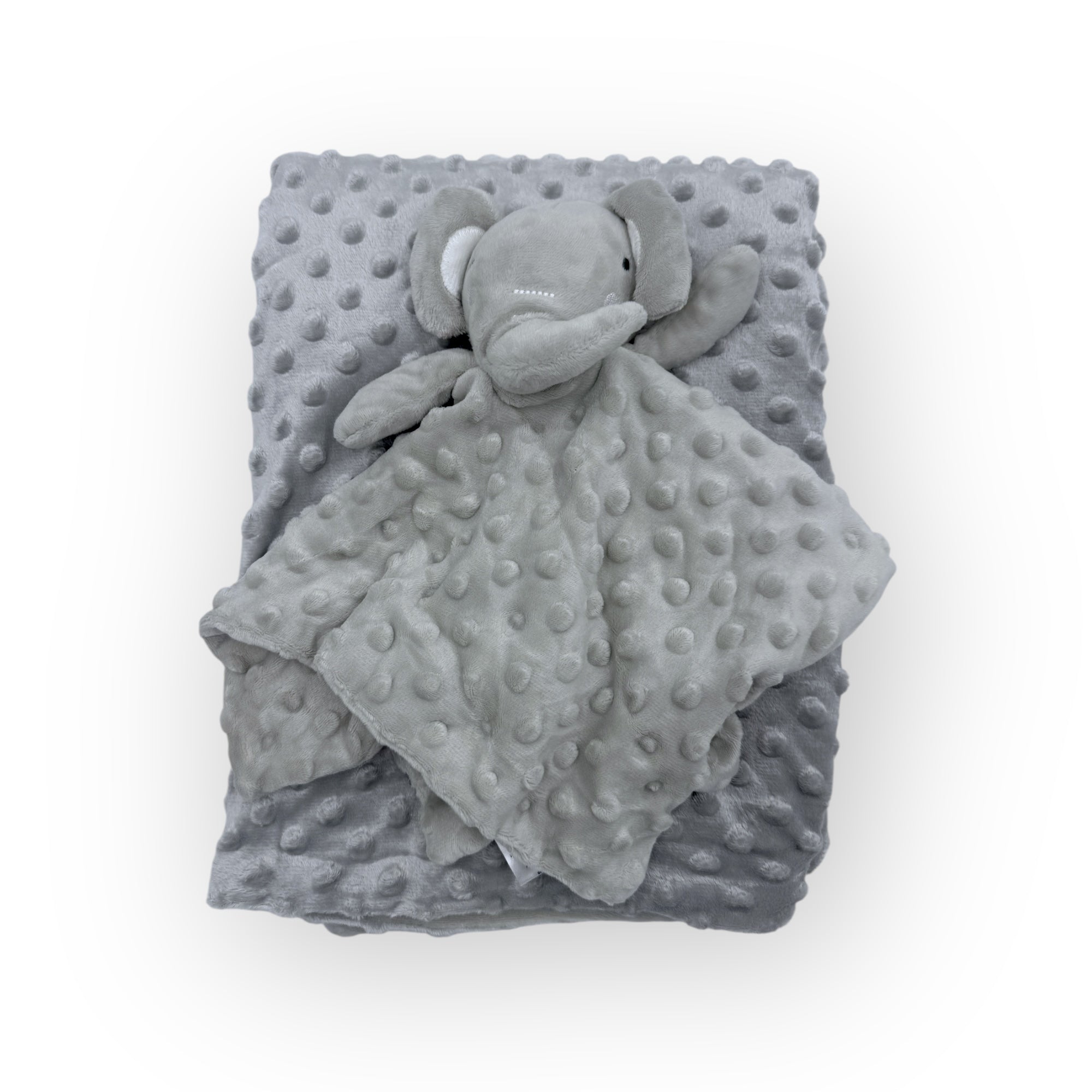 Gray plush toy and blanket set on a white background