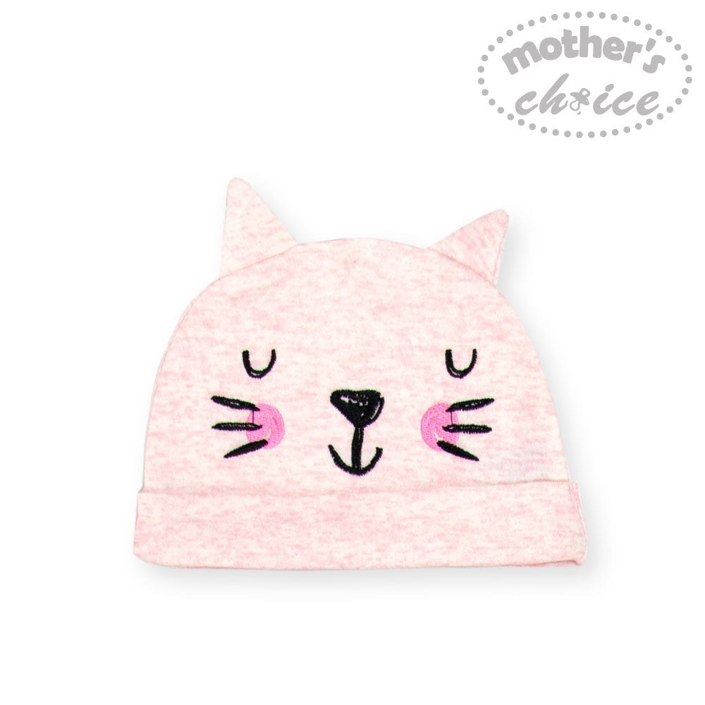 Pink cat-themed beanie with black and pink details on a white background, featuring 'mother's choice' logo.