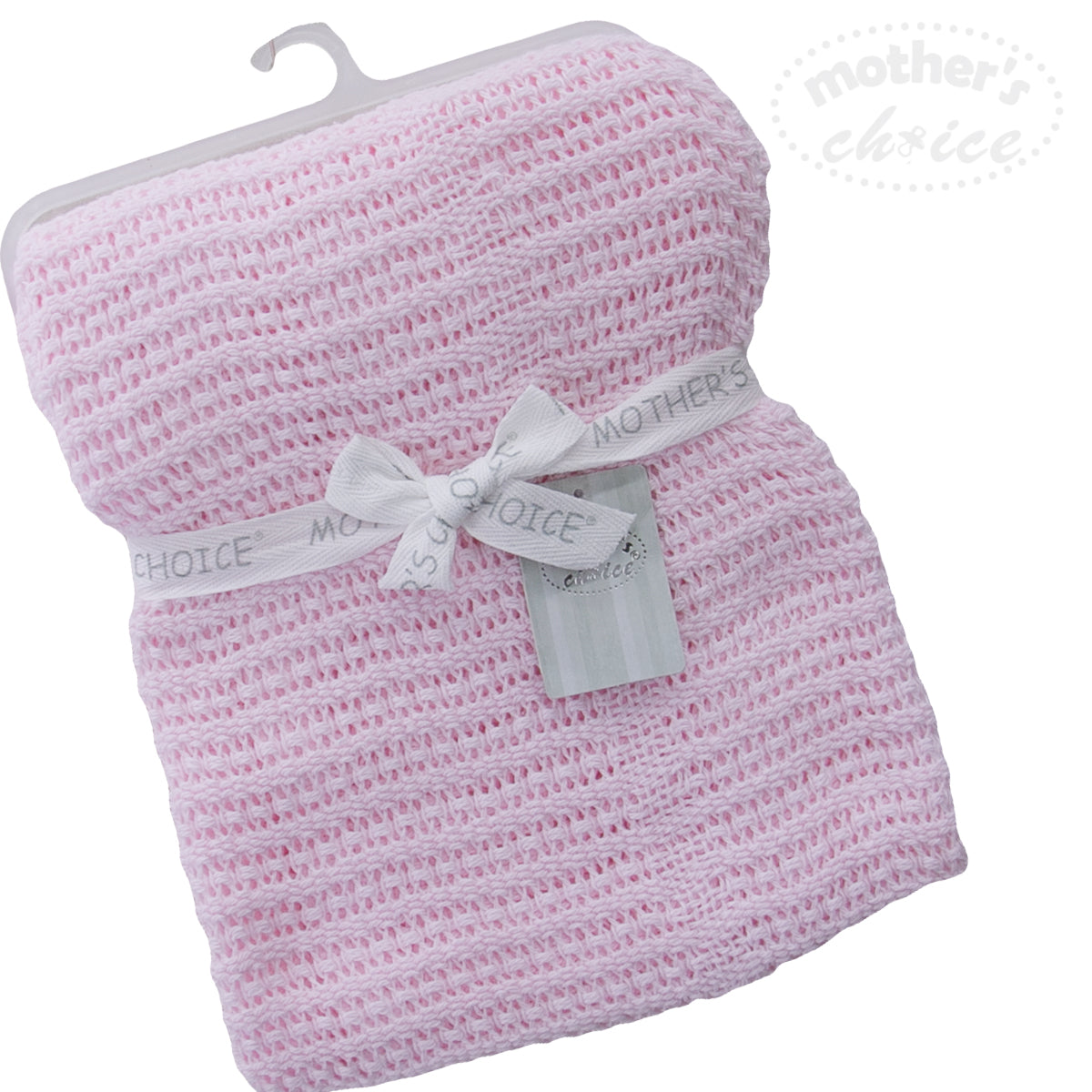 Pink textured blanket with a tag on a white background