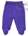 Purple baby pants with footies on a white background, branded 'Mother's Choice'.
