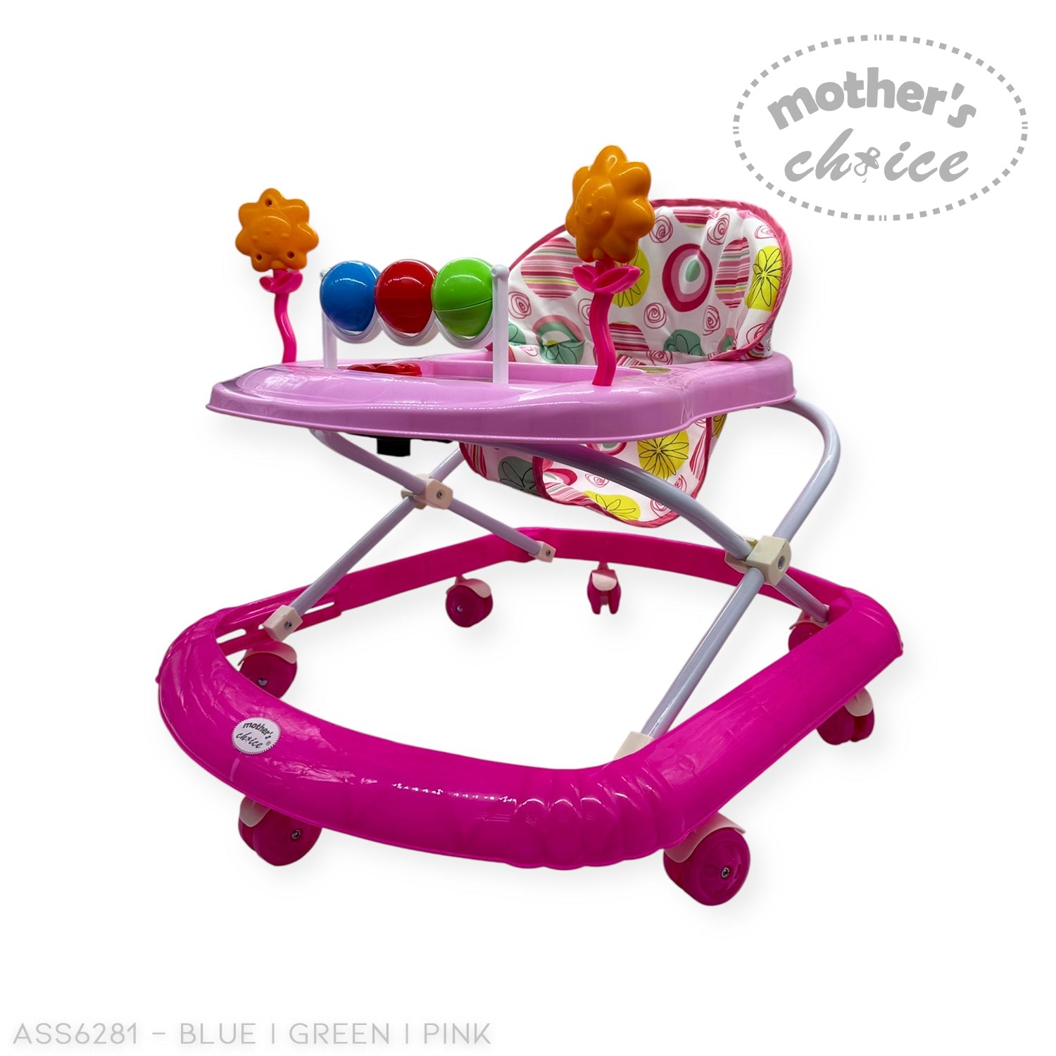 Pink baby walker with toys on a white background, branded 'Mother's Choice'.