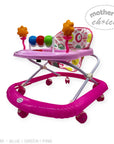 Pink baby walker with toys on a white background, branded 'Mother's Choice'.