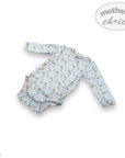 Baby onesie with long sleeves and pattern on a white background, featuring 'Mother's Choice' branding.