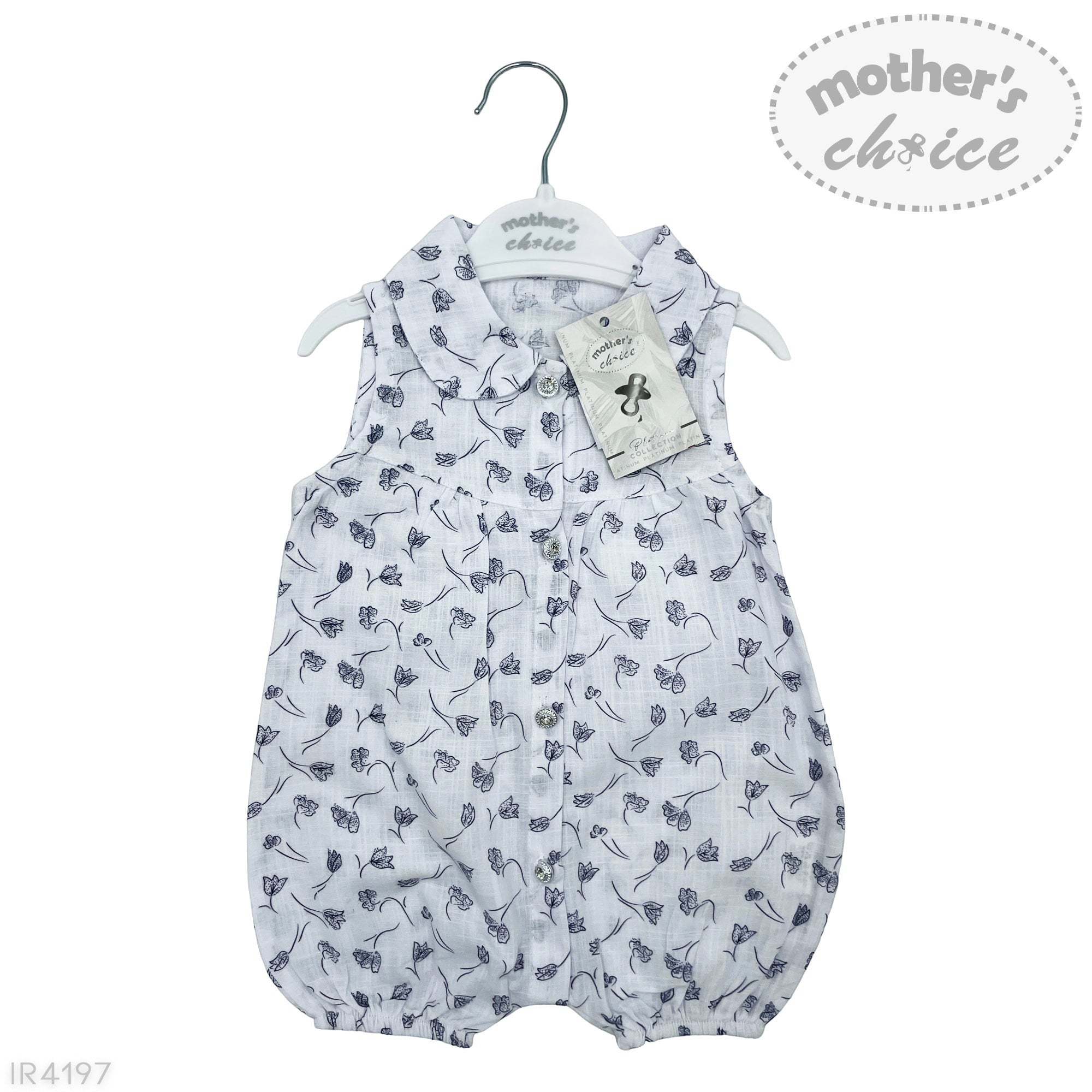 Baby romper with floral pattern on a hanger with 'mother's choice' tag
