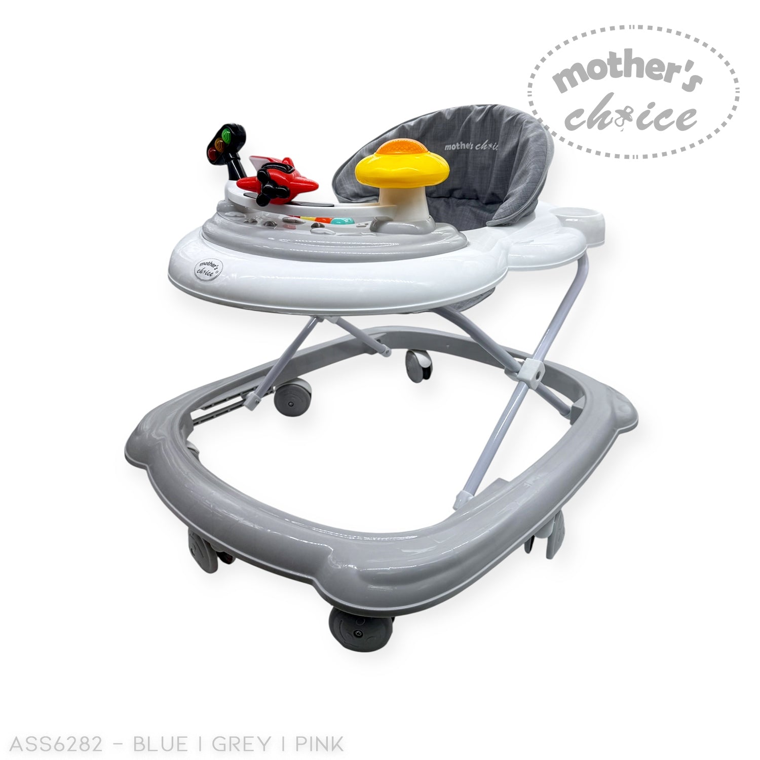 Baby walker with toys on a white background, branded 'Mother's Choice'.