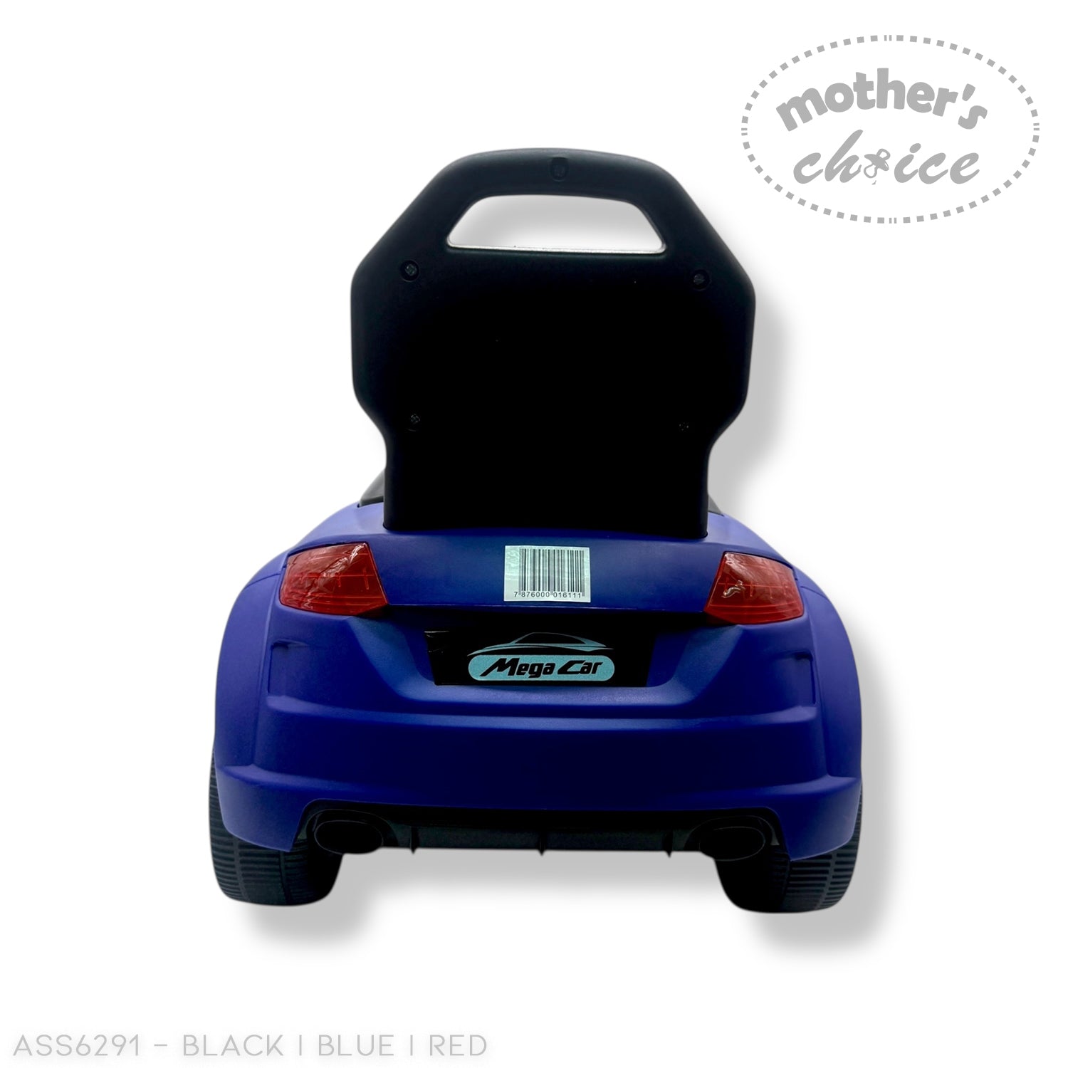 Blue children's toy car with black seat on a white background, featuring 'Mother's Choice' branding.
