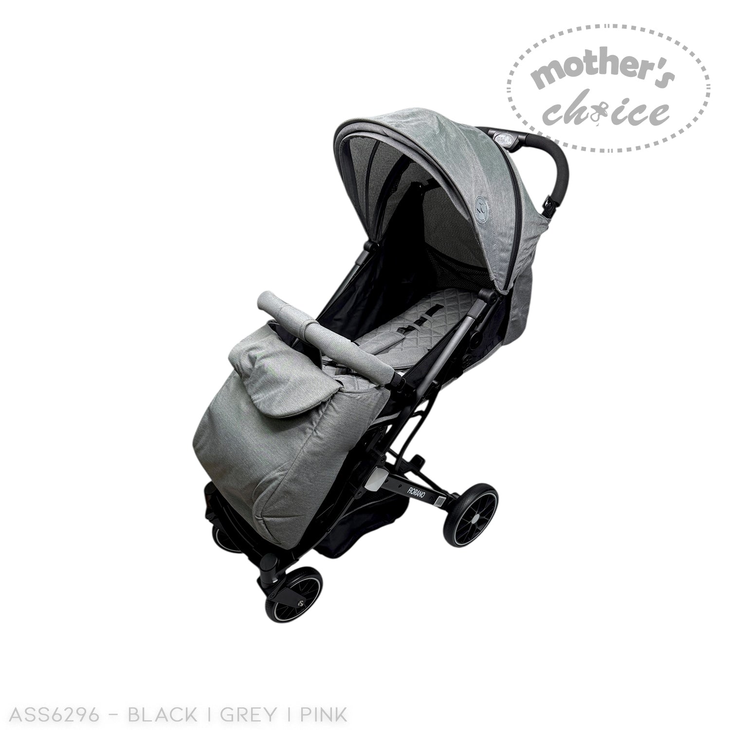 Gray baby stroller with 'Mother's Choice' branding on a white background