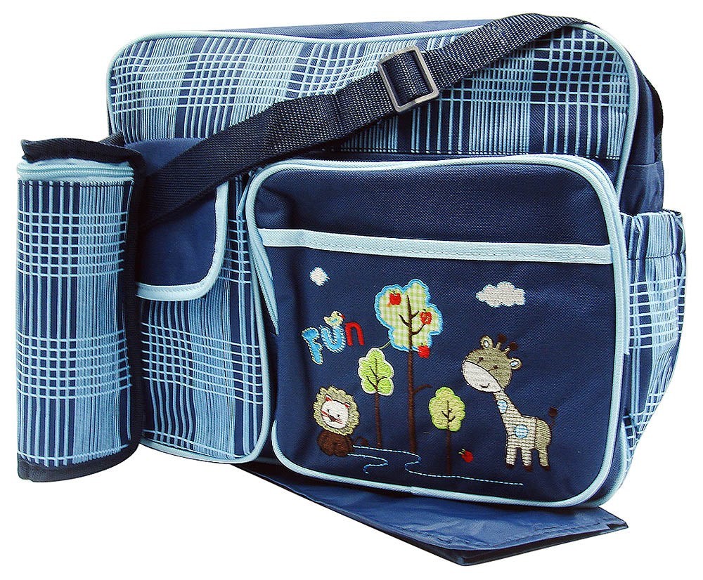 Blue diaper bag with animal designs and a matching blanket on a white background