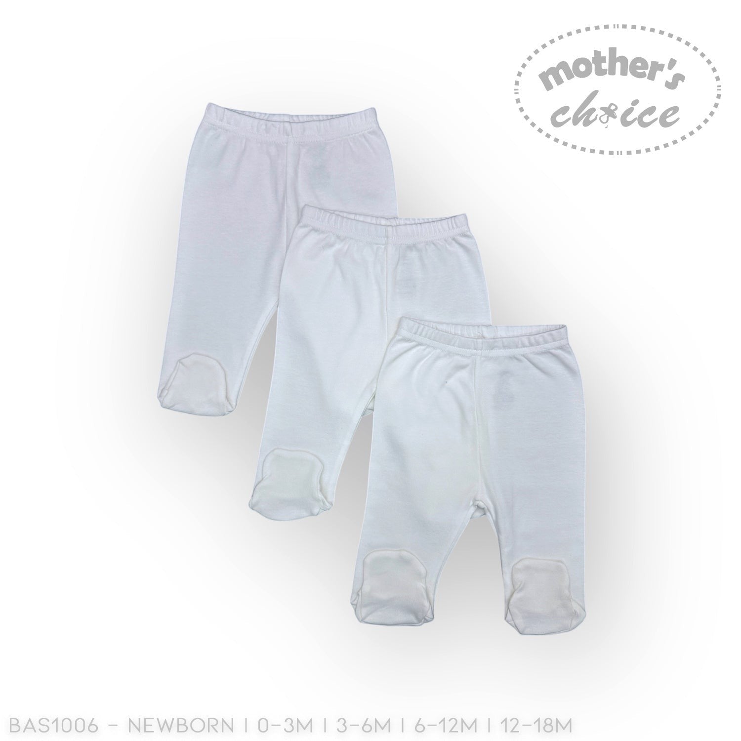 Three pairs of baby leggings on a white background with 'Mother's Choice' branding.