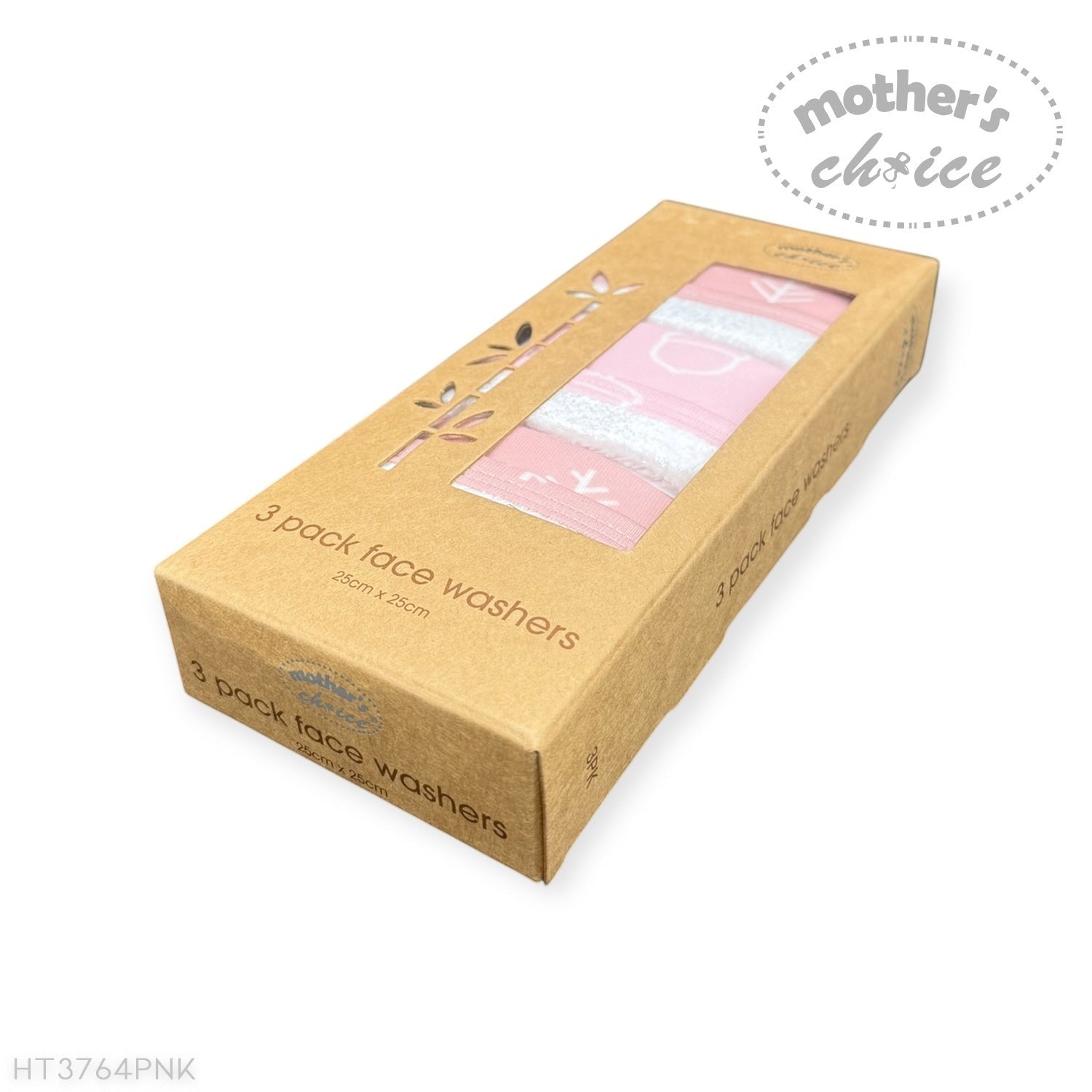 Box of 3-pack face washers with 'Mother's Choice' branding on a white background