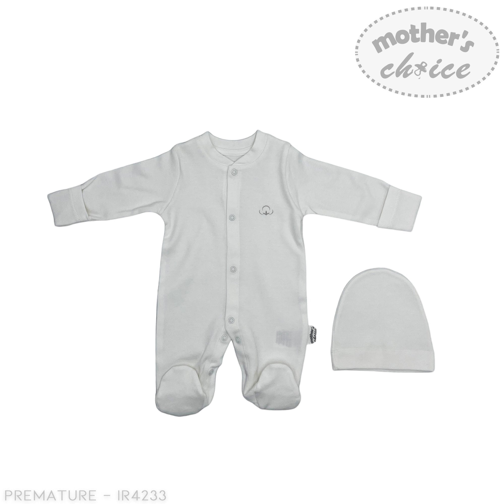Gray baby onesie and hat set with 'Mother's Choice' branding on a white background