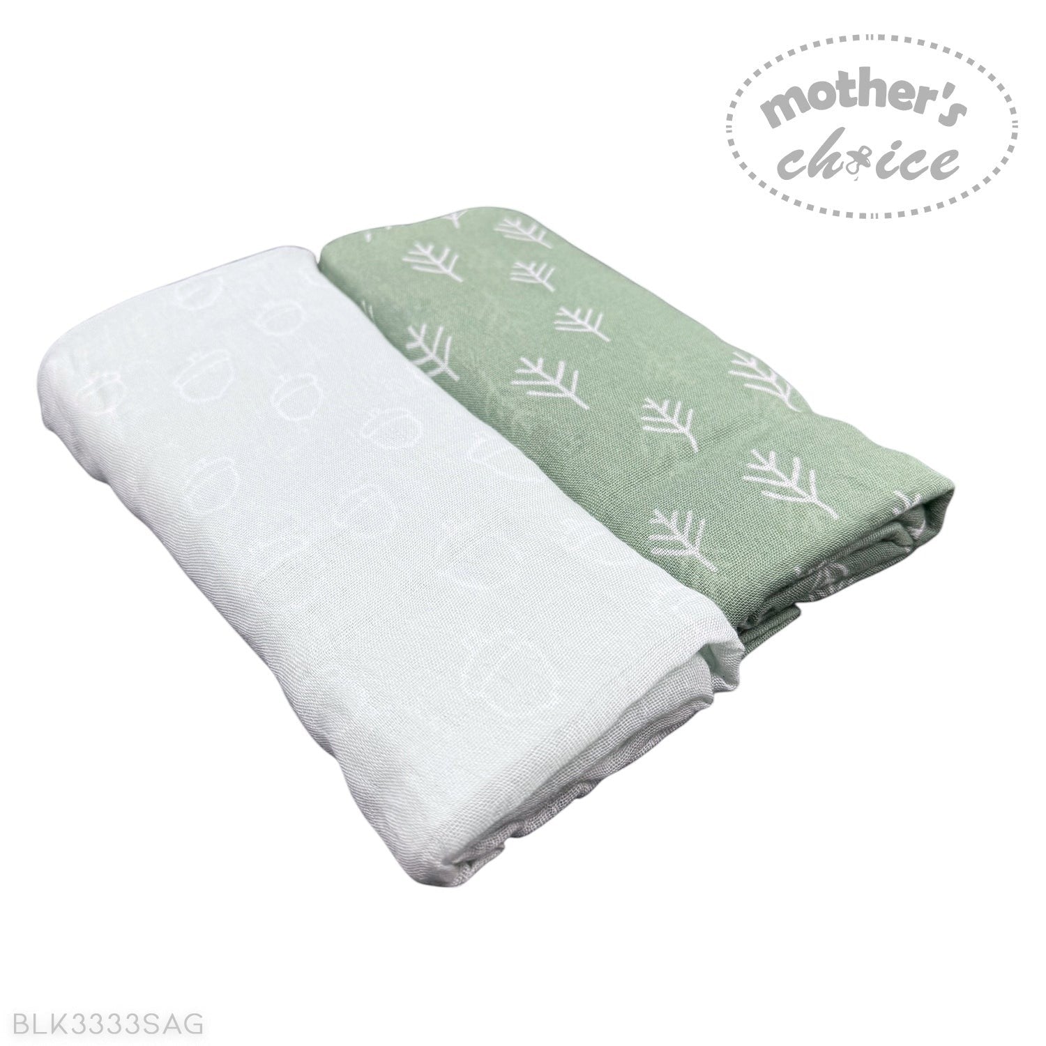 Two folded towels, one white and one green with leaf pattern, on a white background. 'Mother's Choice' logo visible.