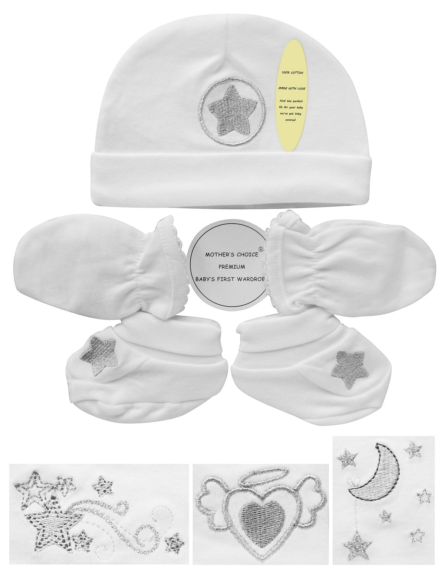 Baby hat, booties, and headbands with decorative elements on a white background