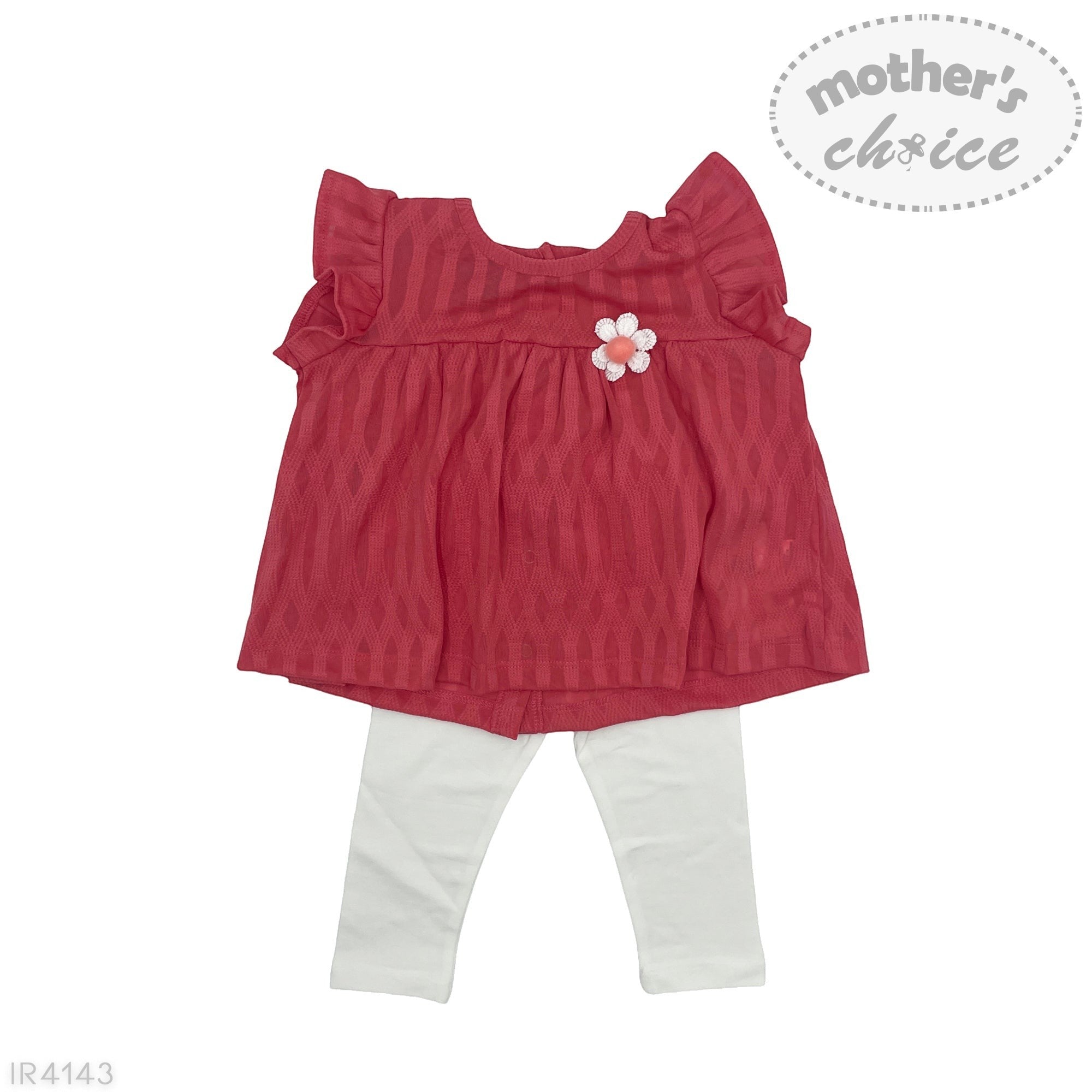 Red baby top with flower detail and white pants on a white background, featuring 'mother's choice' branding.