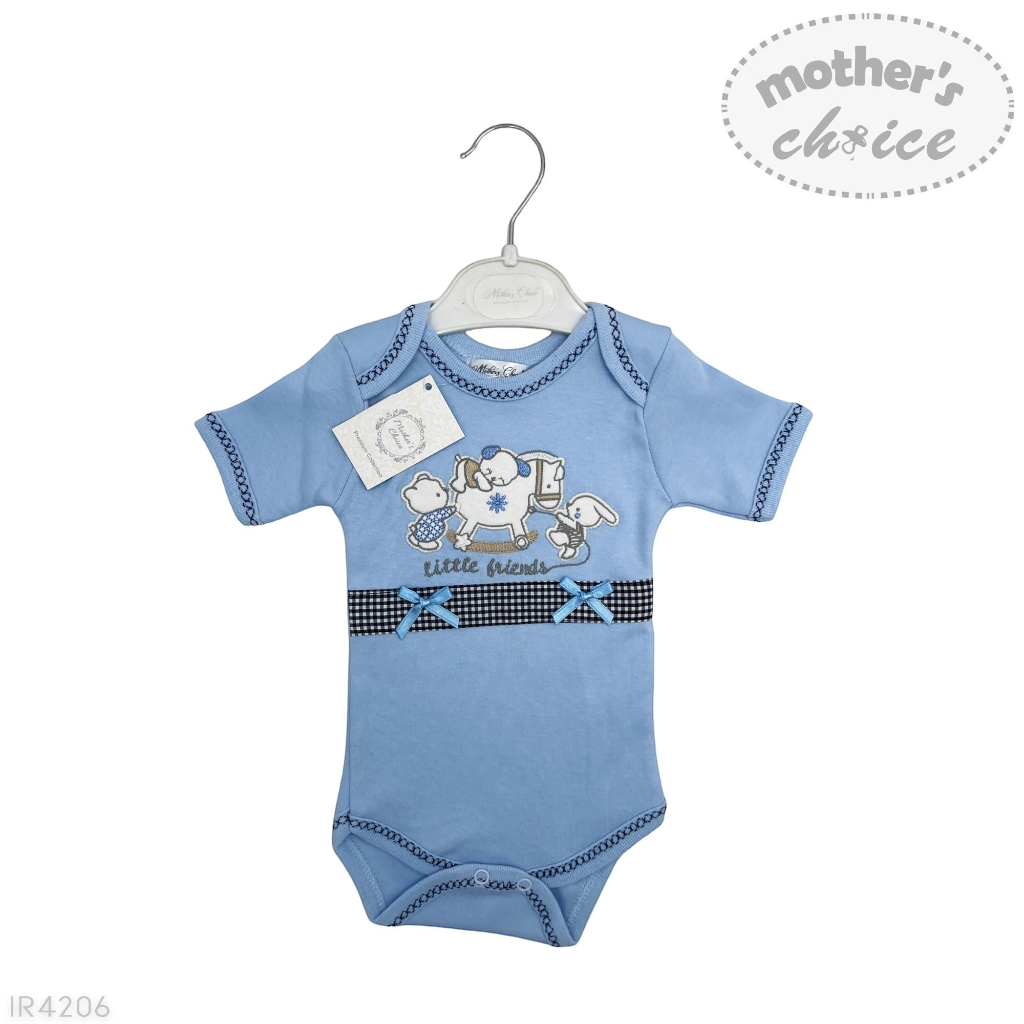 Blue baby bodysuit with cartoon design on a hanger against a white background, featuring 'mother's choice' branding.