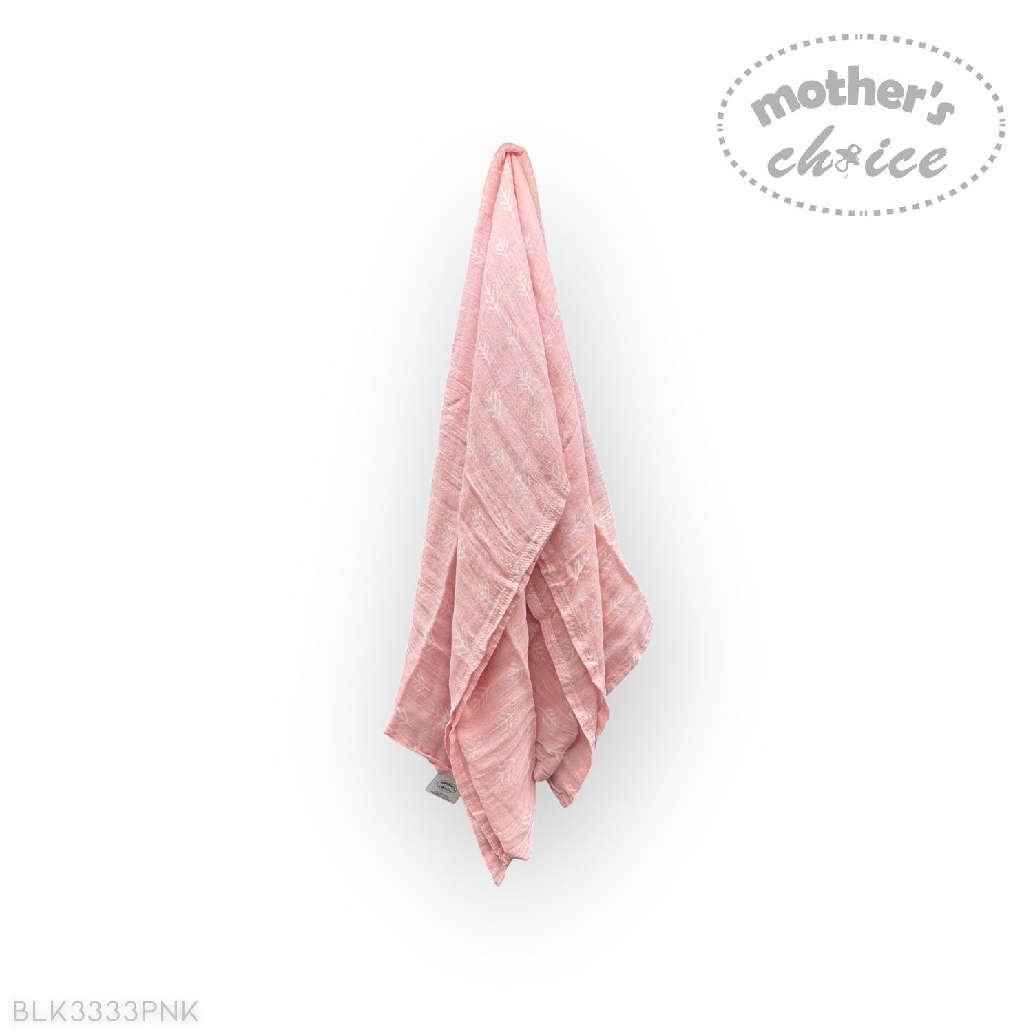 Pink towel hanging on a white wall with 'mother's choice' branding.