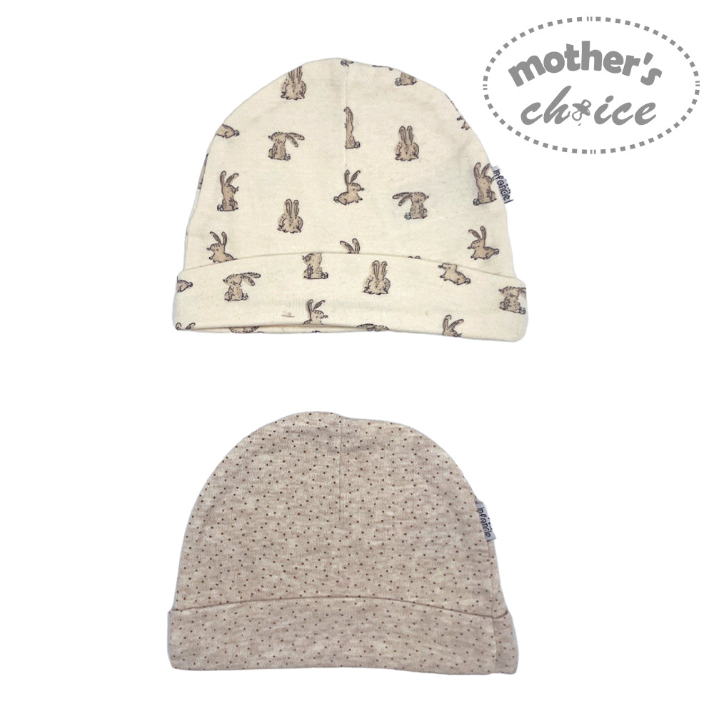 Two baby hats on a white background with 'Mother's Choice' branding.