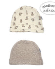 Two baby hats on a white background with 'Mother's Choice' branding.
