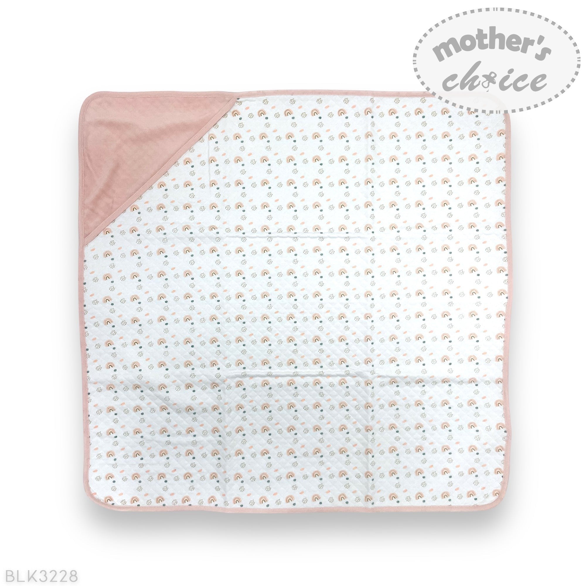 Baby blanket with pink border and floral pattern on a white background, featuring 'Mother's Choice' branding.
