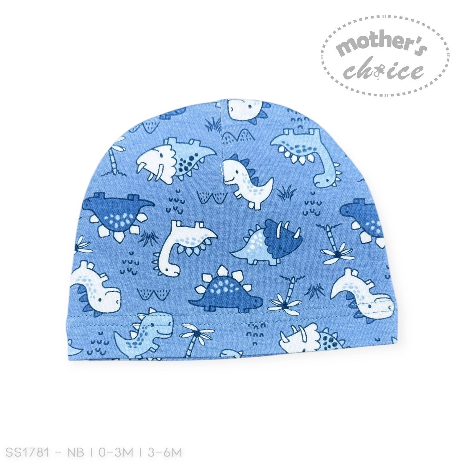 Blue baby hat with dinosaur pattern on a white background, branded 'Mother's Choice'.