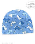 Blue baby hat with dinosaur pattern on a white background, branded 'Mother's Choice'.