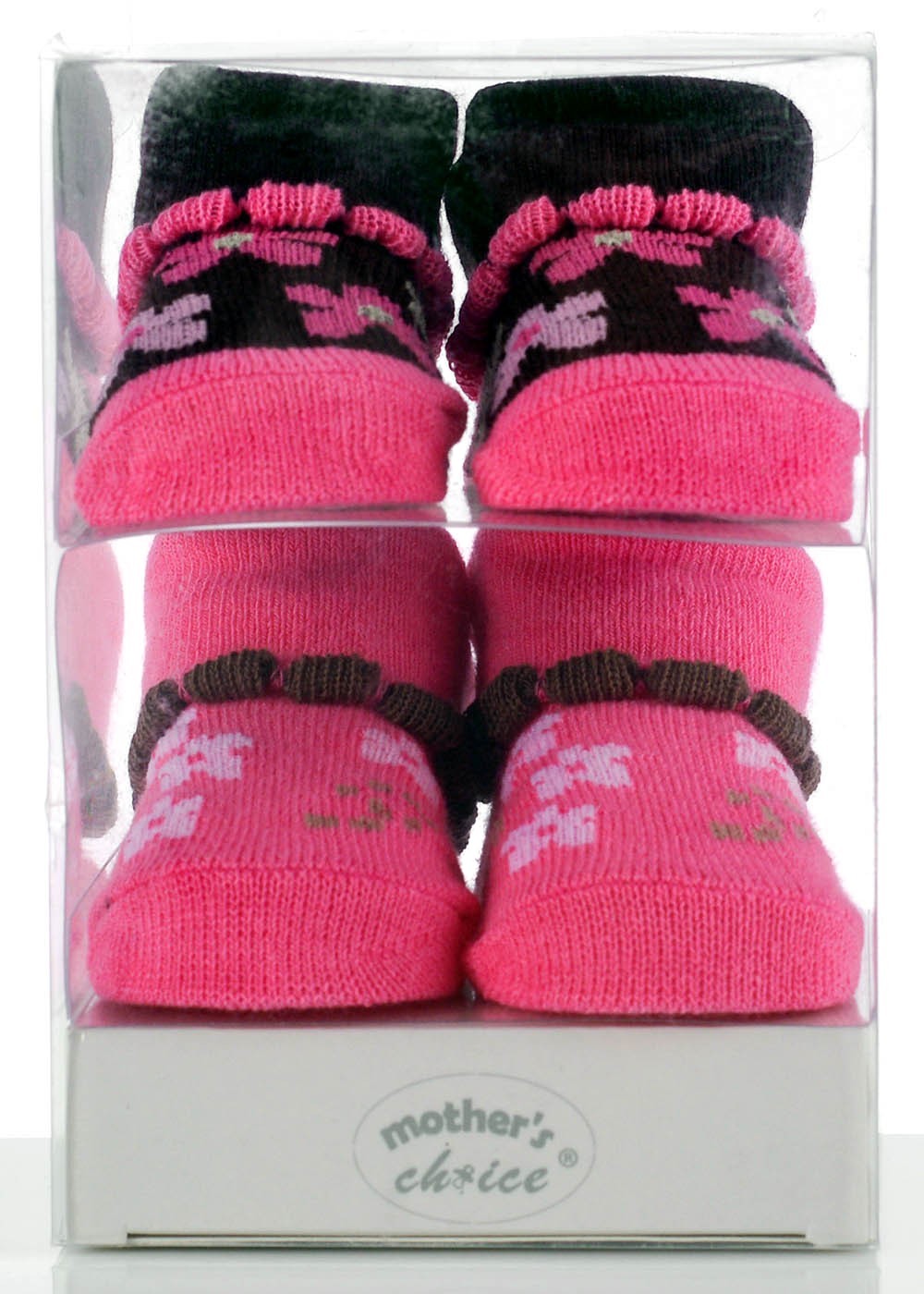 Pair of pink baby socks with black accents in a clear packaging box.