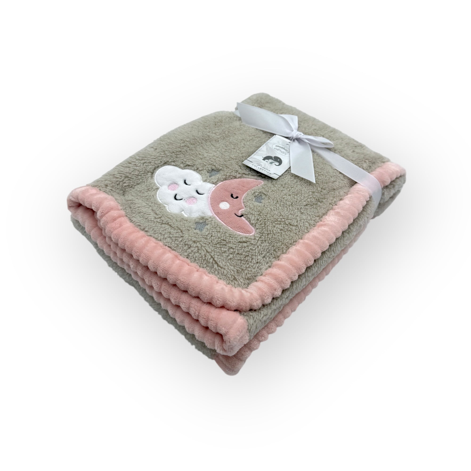 Gray and pink blanket with cloud designs on a white background