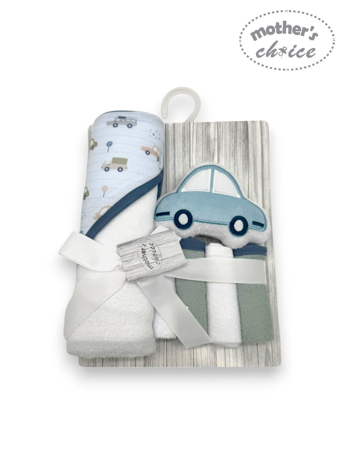 hooded towel and 4 washcloths and wash sponge blue car