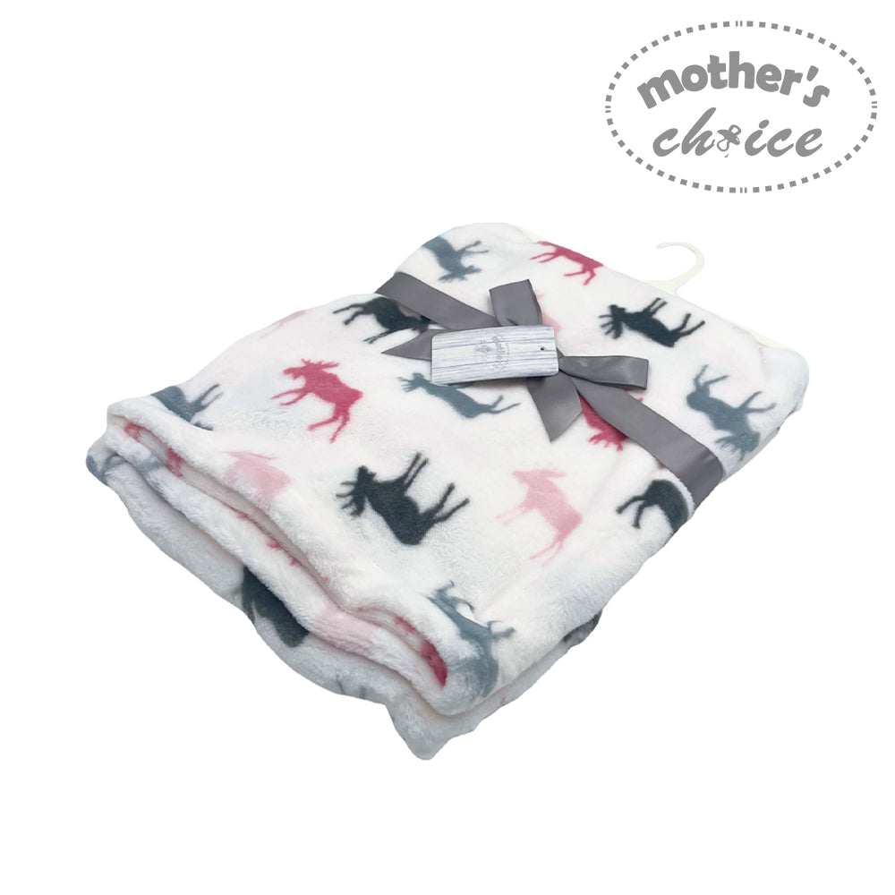 Flannel blanket with animal pattern and 'Mother's Choice' label on a white background